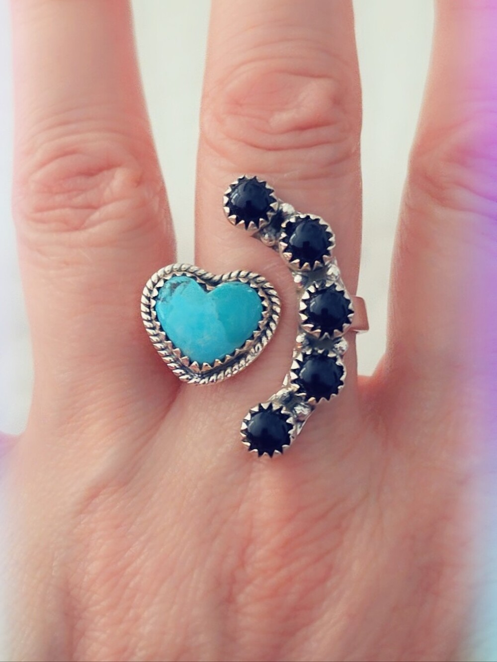 Bypass Turquoise & Onyx 925 Sterling Silver Gemstone Ring
